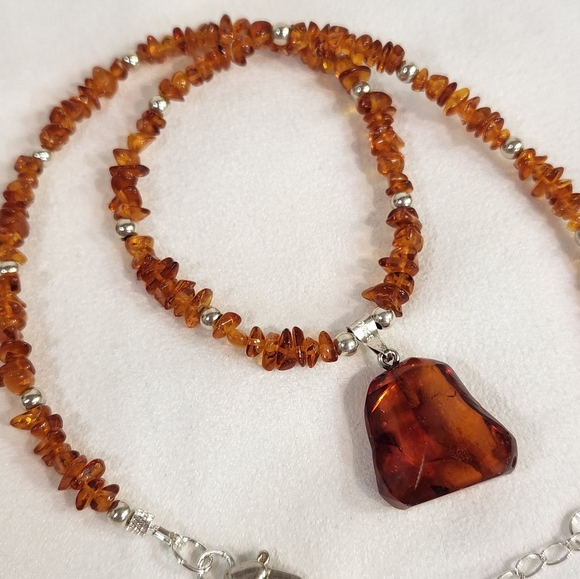 Genuine Sterling Silver & Genuine Baltic Amber Handmade Necklace - Picture 2 of 13